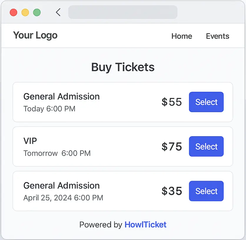 HowlTicket embed widget preview showing ticket booking interface